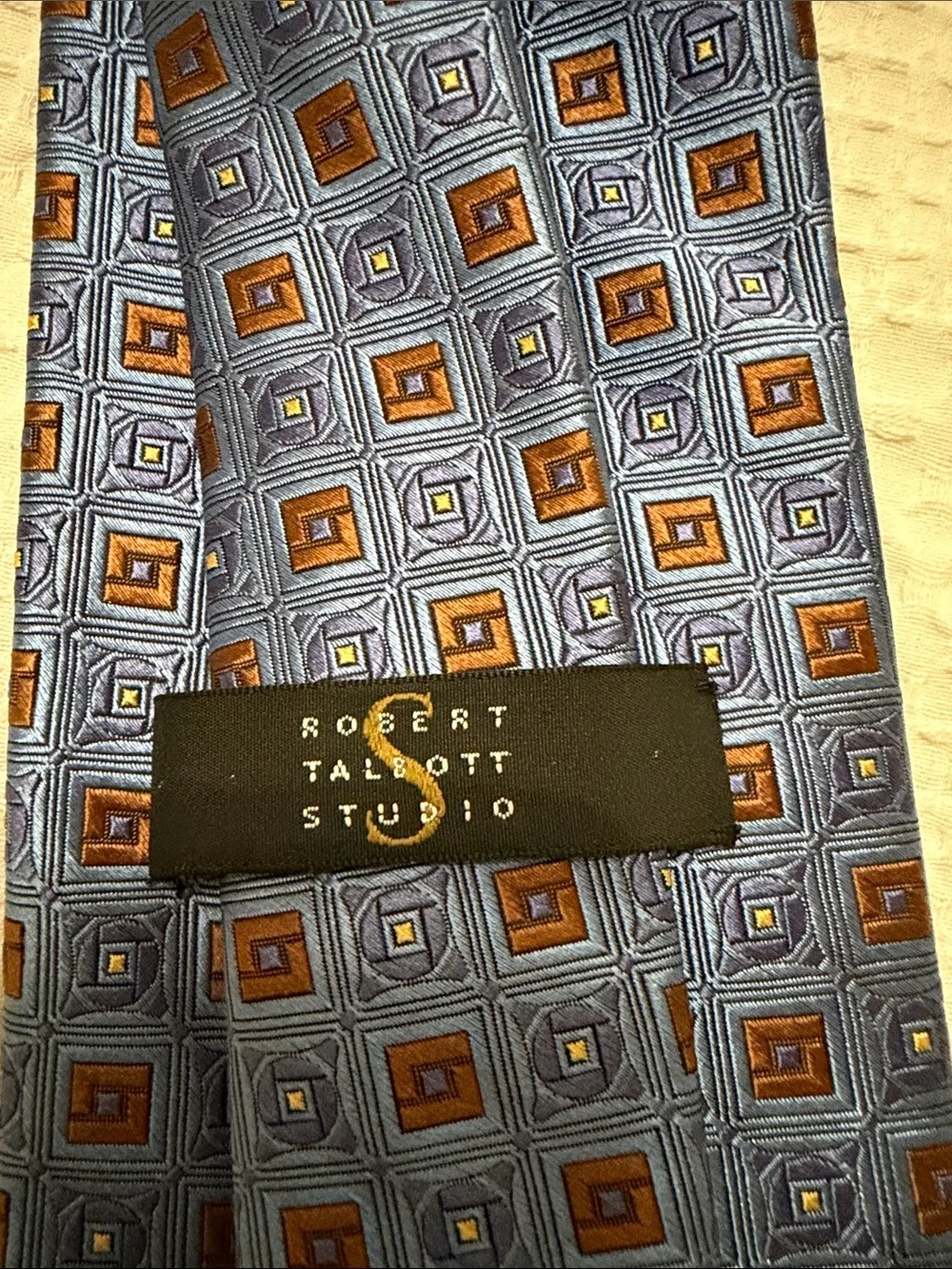 Robert Talbott Blue Geometric Silk Tie with Orange Accents